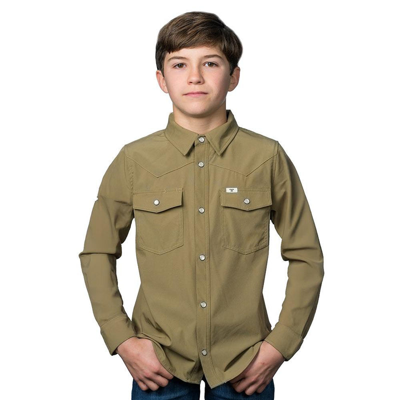Boy's Khaki Vented Long Sleeve Pearl Snap Shirt