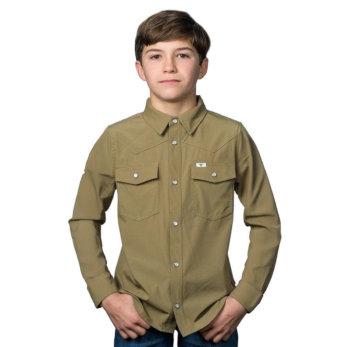 Boy's Khaki Vented Long Sleeve Pearl Snap Shirt