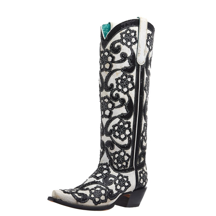 Women's White Floral Overlay Vamp 15" Matching Top Boot