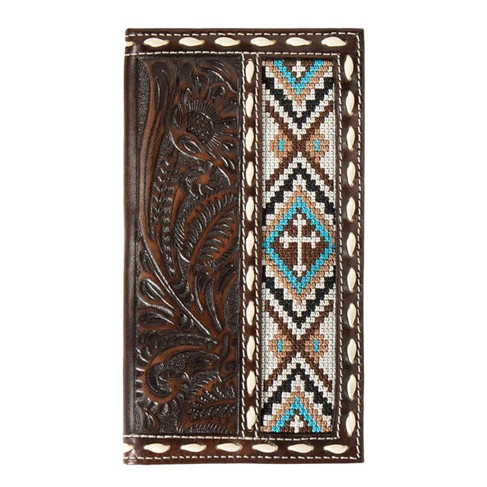 Nocona Men`s Rodeo Leather Cross Embroidery Floral Brown Money Clip