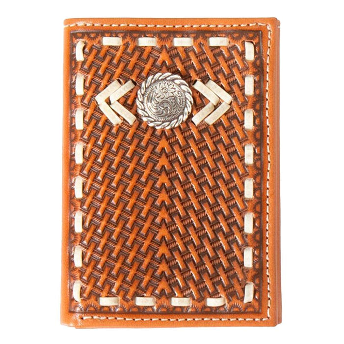 Nocona Men`s Trifold Leather Weave Concho Buck Lace Tan Money Clip