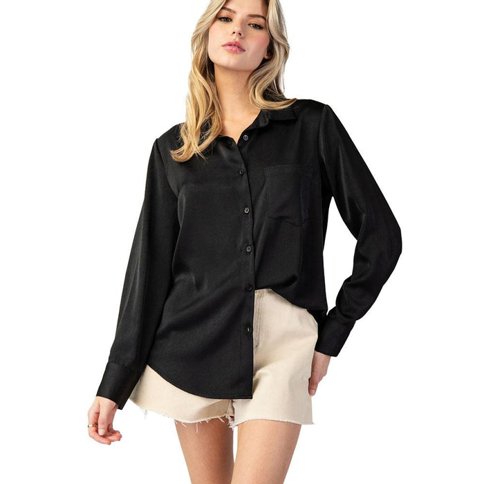 Women's Black Long Slve Collard Button Shirt