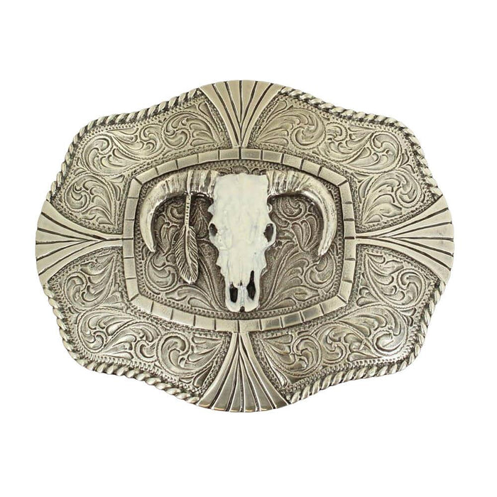 Silver with White Skull Rectangle Belt Buckle