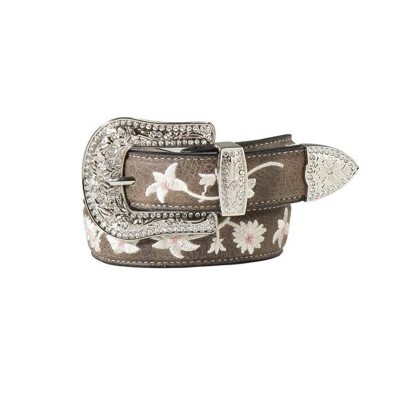 Girl's Coffee Leather White & Pink Embroidered Flowers Bling Belt