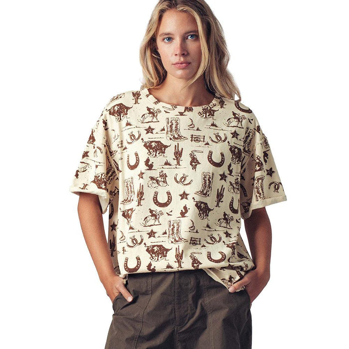 Women's Khaki Western Print Tee Shirt