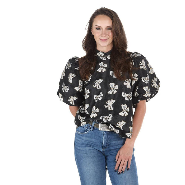 Women's Black Puff Sleeve Bow Top
