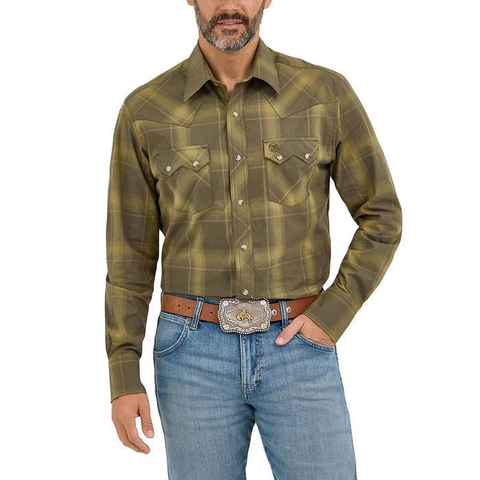 Men's Green Retro Long Sleeve Sawtooth Snap Pocket Western Shirt
