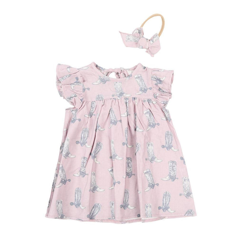 Infant Girl's Dusty Rose Boot Print Dress with Bow