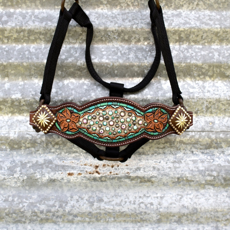 Turquoise Zuni Crystal Bronc Noseband Nylon Halter
