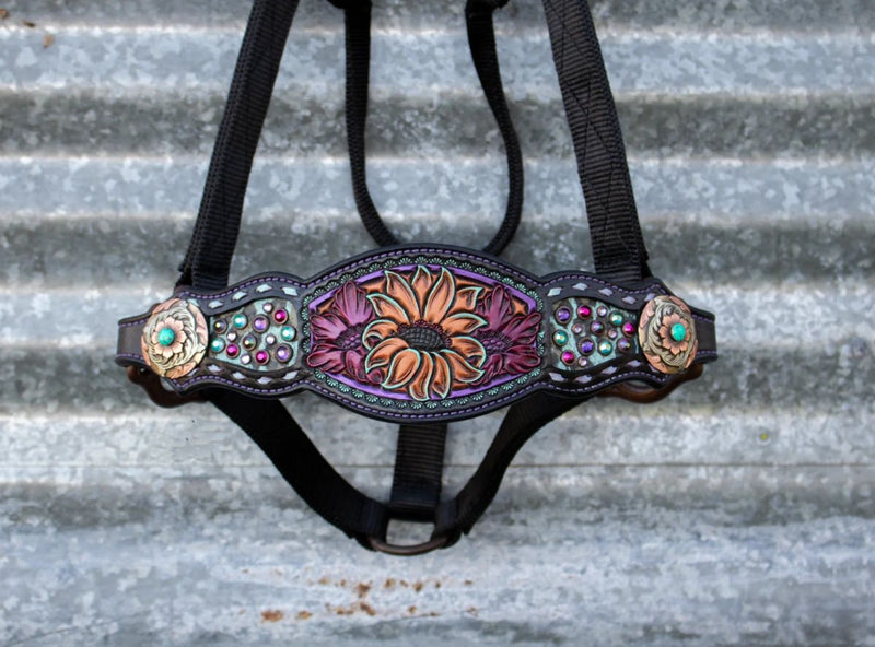 Pink Purple Turquoise Floral Crystal Bronc Noseband Nylon Halter