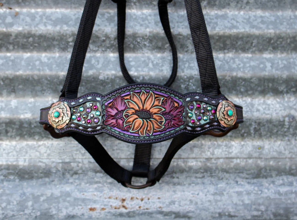 Pink Purple Turquoise Floral Crystal Bronc Noseband Nylon Halter
