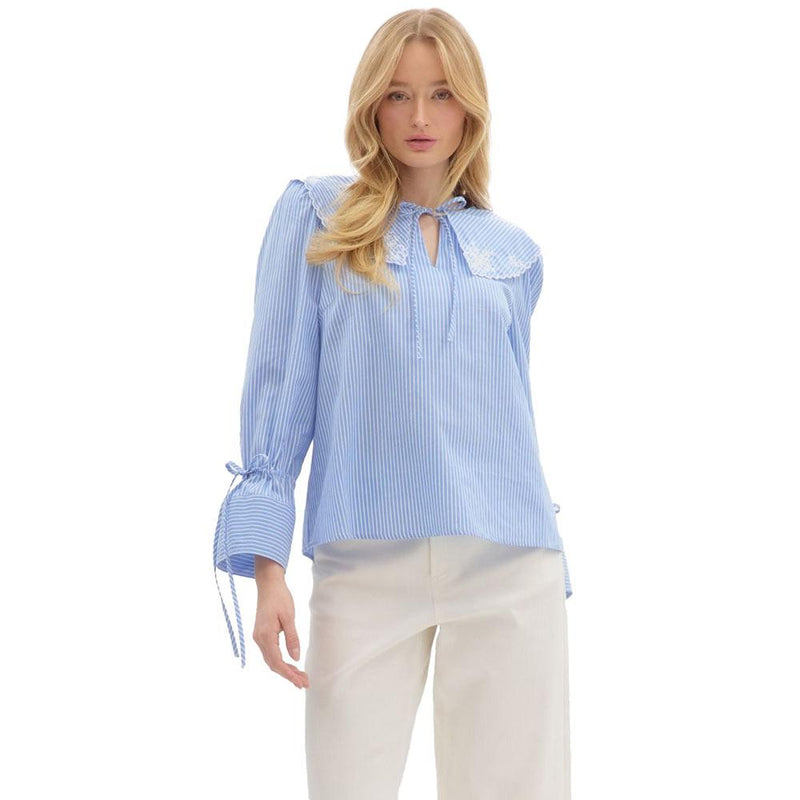 Women's Blue Stripe Embroidered Collar Top