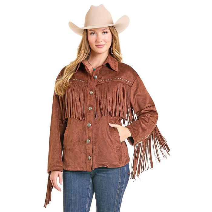 Women's Brown Fringe Microsuede Shacket