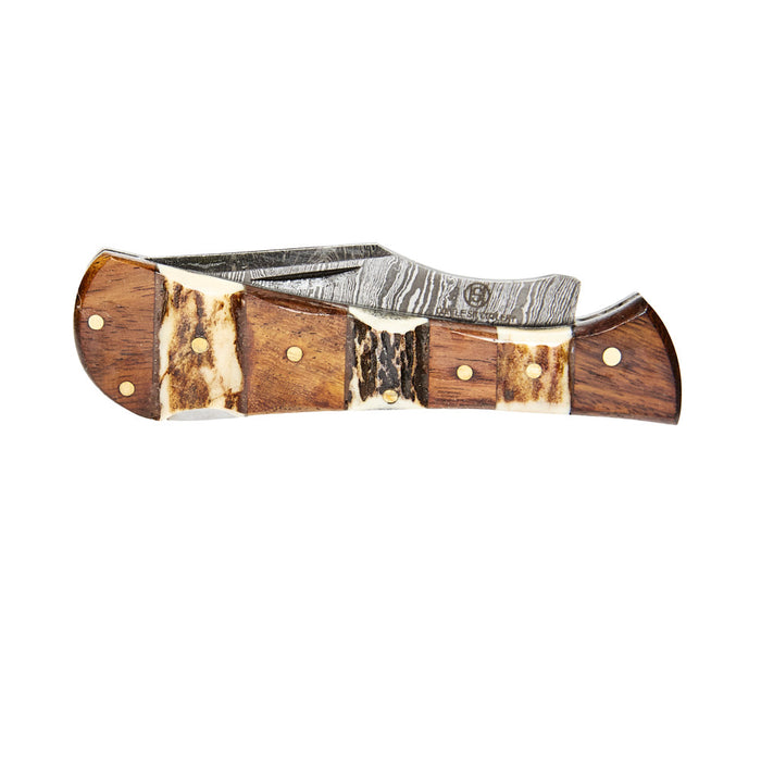 Circle SH Cutlery Mini Stag Damascus Folding Knife