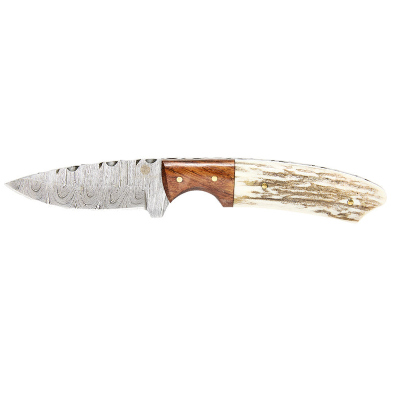 Circle SH Cutlery Damascus Wood & Bone Drop Point Knife with Sheath