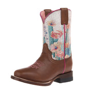 Little Kid's Cactus Flowers Brown Square Toe Boot