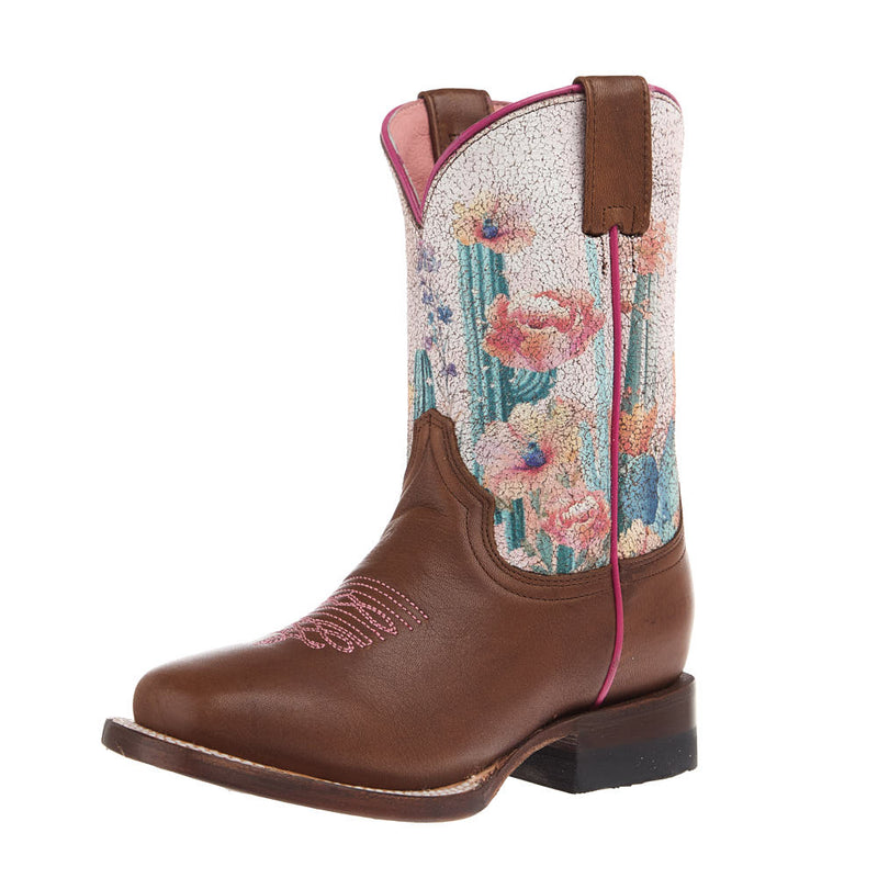 Little Kid's Cactus Flowers Brown Square Toe Boot