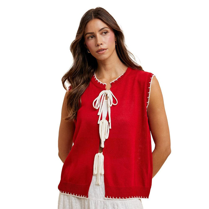 Women's Red Contrast Stitch Front Tie Sweater