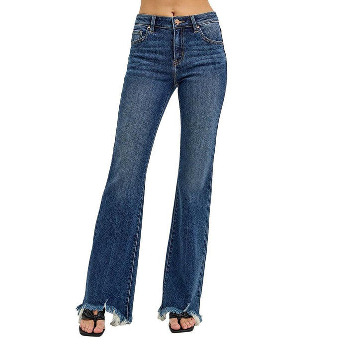 Women's Dark Mid Rise Flare Frayed Jean