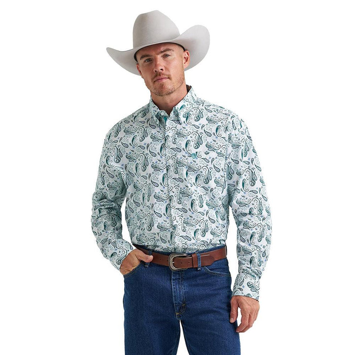 George Strait Relaxed Fit White & Teal Paisley Shirt