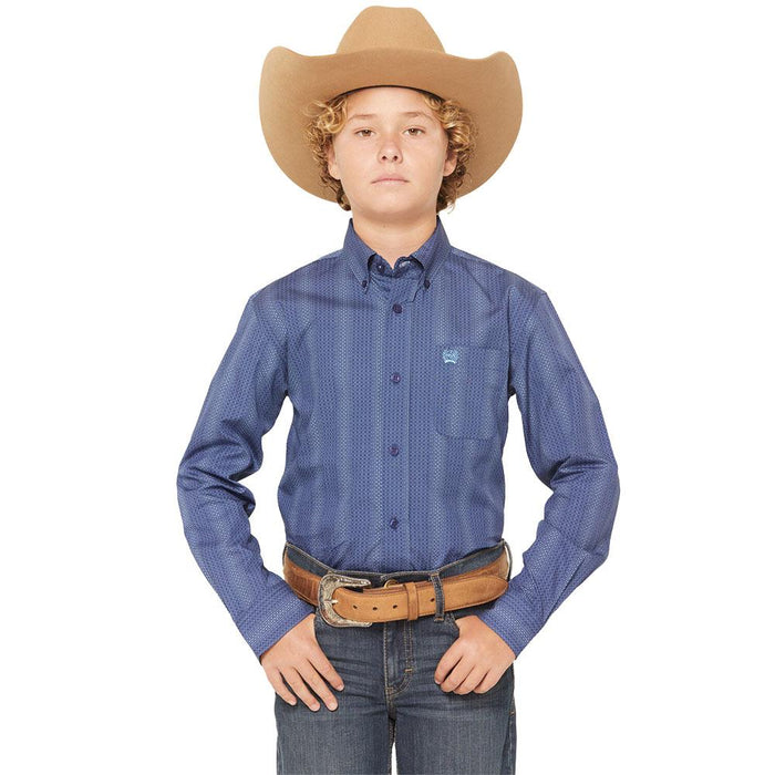 Boy's Royal Blue Print Long Sleeve Button Shirt