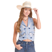 Women's Blue Embroidered Zip Vest