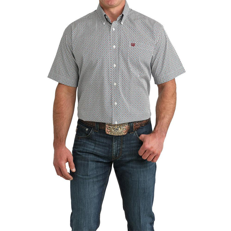 Men's White Multi Color Print Short Sleeve Shirt