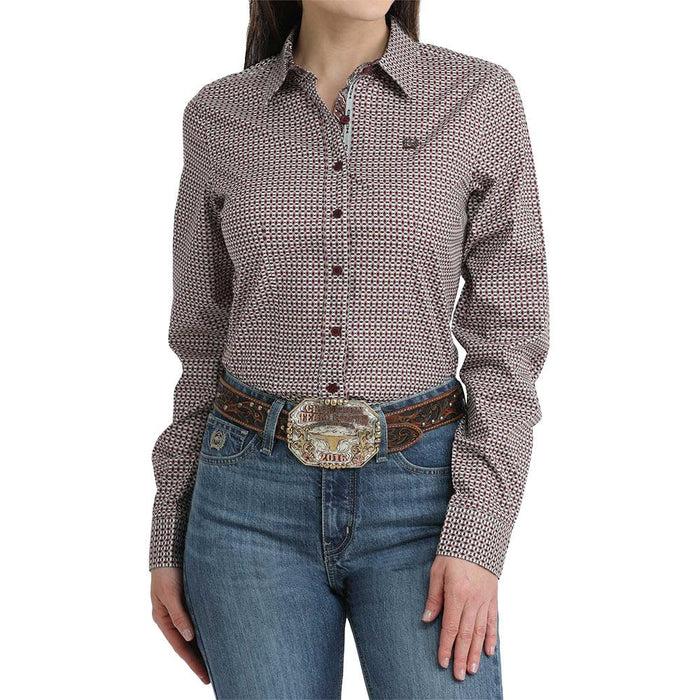 Women's White & Burgundy Diamond Print Shirt
