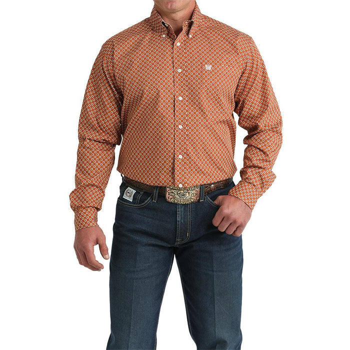 Men's Brown Square Print Long Sleeve Shirt