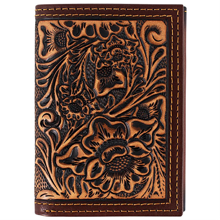 Tan Tooled Leather Trifold Wallet