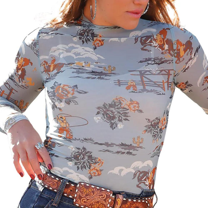 Women's Blue Print Mesh Top