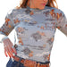 Women's Blue Print Mesh Top