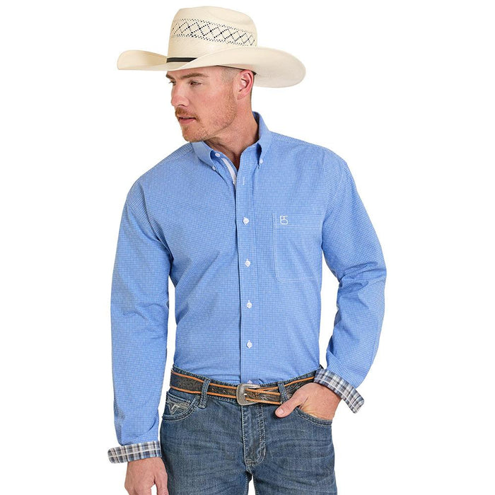 Men's Blue Dobby Check Long Sleeve Shirt