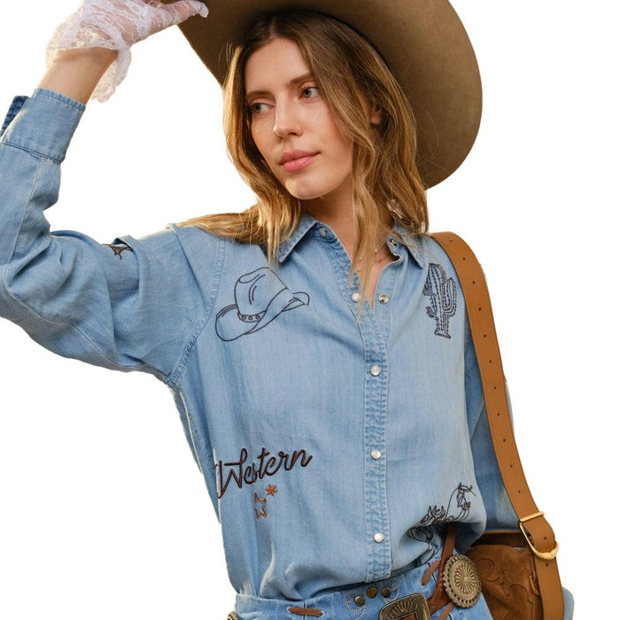 Women's Washed Denim Embroidered Western Shirt