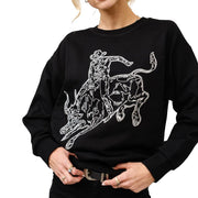 Women's Black Embroidered Bull Riding Pullover