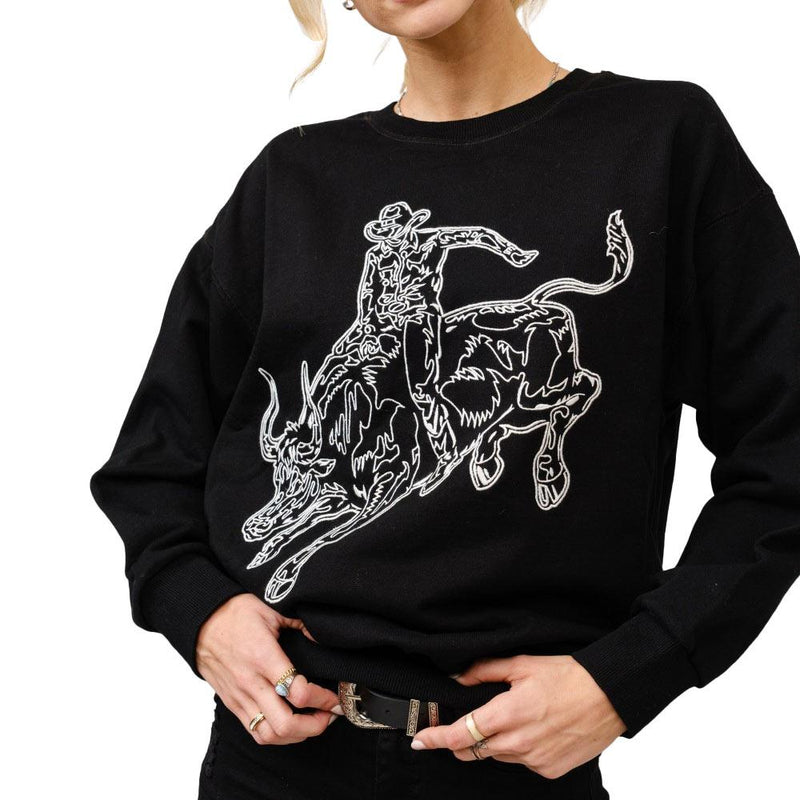 Women's Black Embroidered Bull Riding Pullover