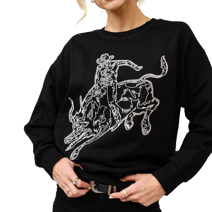 Women's Black Embroidered Bull Riding Pullover