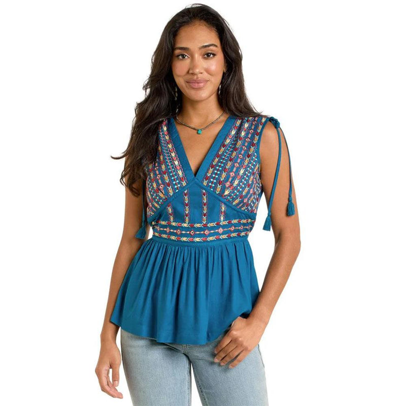 Women's Teal Cinched Embroidery Top