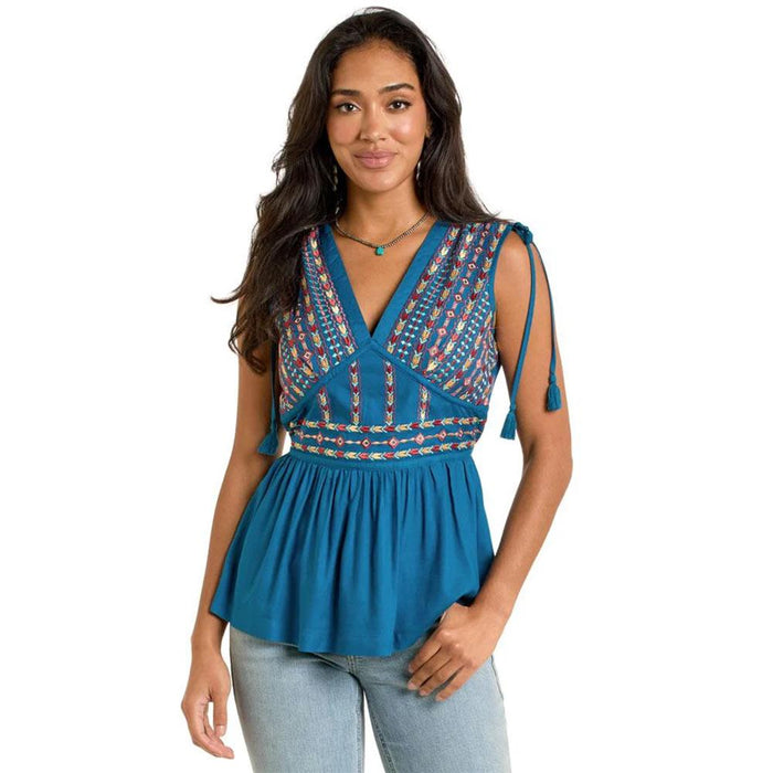 Women's Teal Cinched Embroidery Top