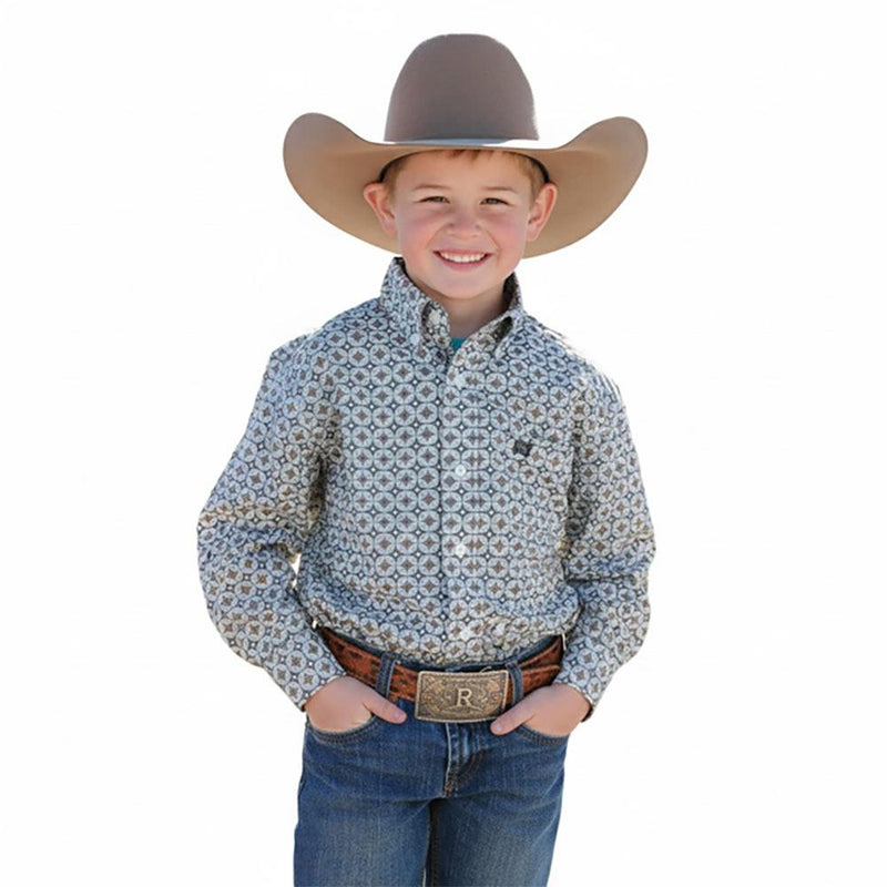Boy's Cream Print Long Sleeve Button Shirt