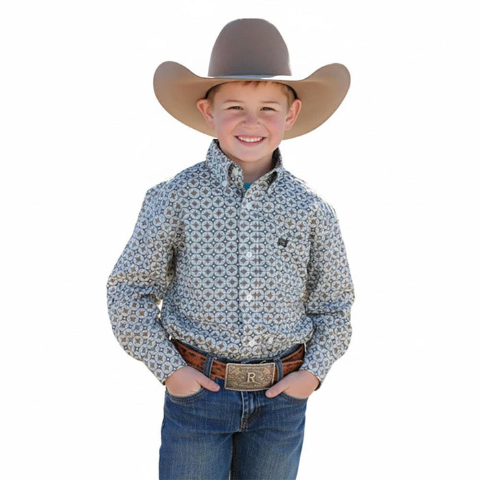Boy's Cream Print Long Sleeve Button Shirt