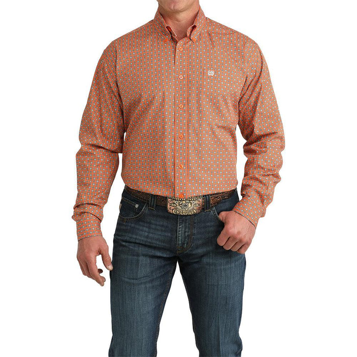 Men's White Orange Square Print Shirt