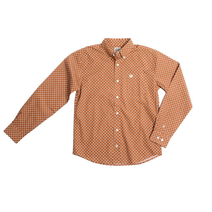 Boy's Brown Print Long Sleeve Button Shirt