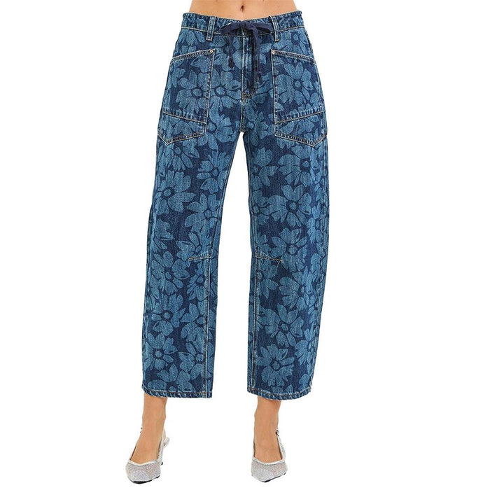 Women's Dark Floral Print Barrel Jeans