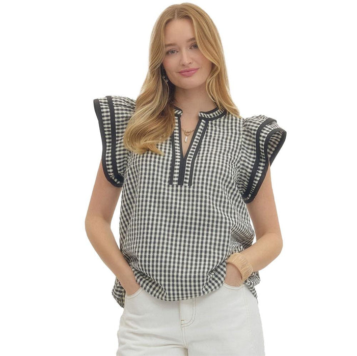 Women's Black Gingham Flutter Sleeve Top