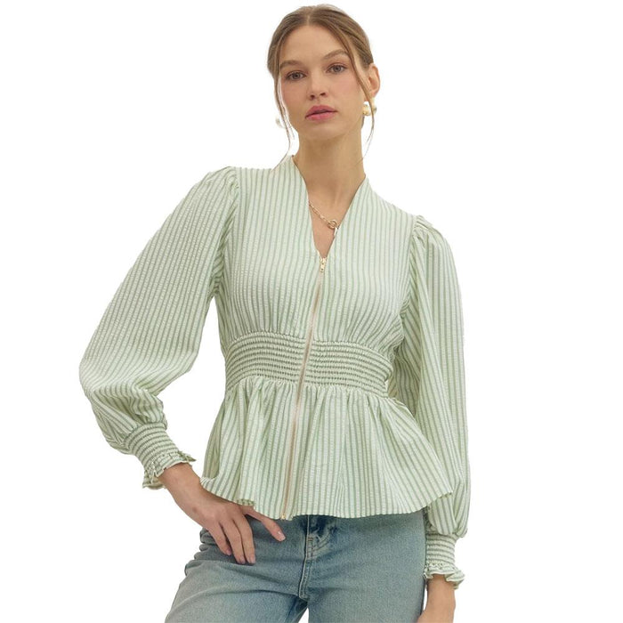 Women's Sage Stripe Zip Up Top
