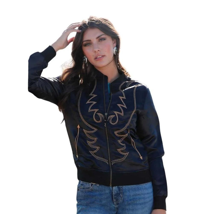 Women's Black Embroidered Bomber Jacket