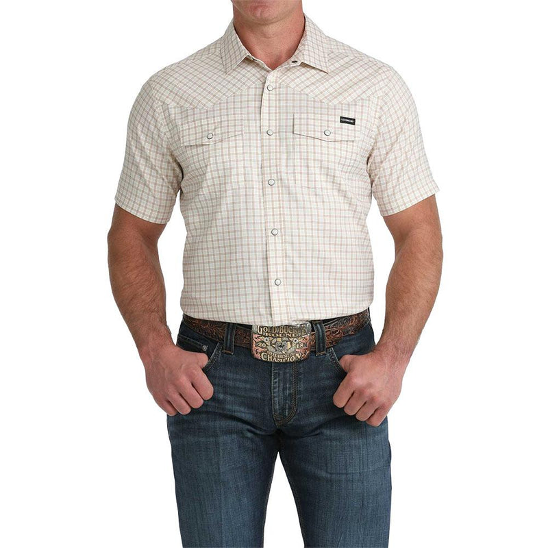 Men's Camp White Plaid Short Sleeve Snap Shirt
