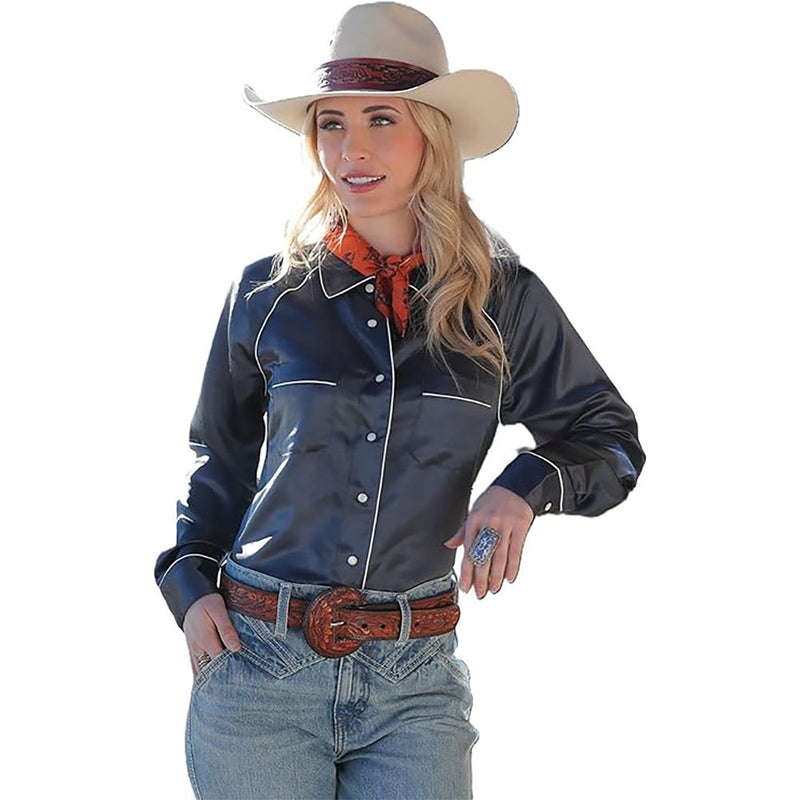 Women's Navy Satin Pearl Snap Shirt