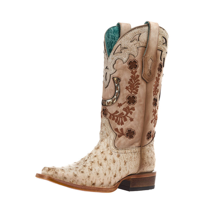 Women's Ivory Ostrich Vamp 13in Floral And Horseshoe Top